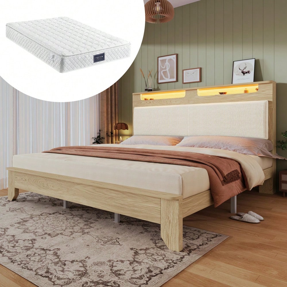 Doppelbett 160x200 cm aus Massivholz mit LED-Beleuchtung & Staukopfteil | Inkl. Matratze & beiger Cordpolster-Rückenlehne | Bettgestell in hell Eiche, ohne Bettbank