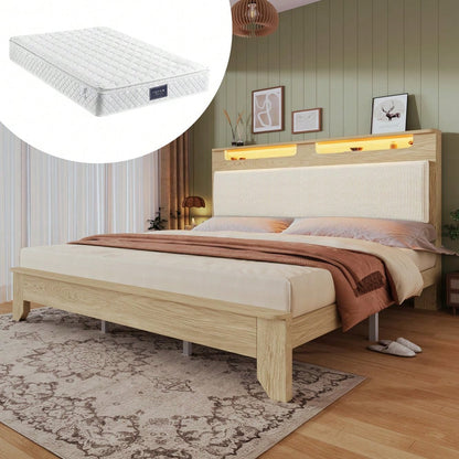 Doppelbett 160x200 cm aus Massivholz mit LED-Beleuchtung & Staukopfteil | Inkl. Matratze & beiger Cordpolster-Rückenlehne | Bettgestell in hell Eiche, ohne Bettbank