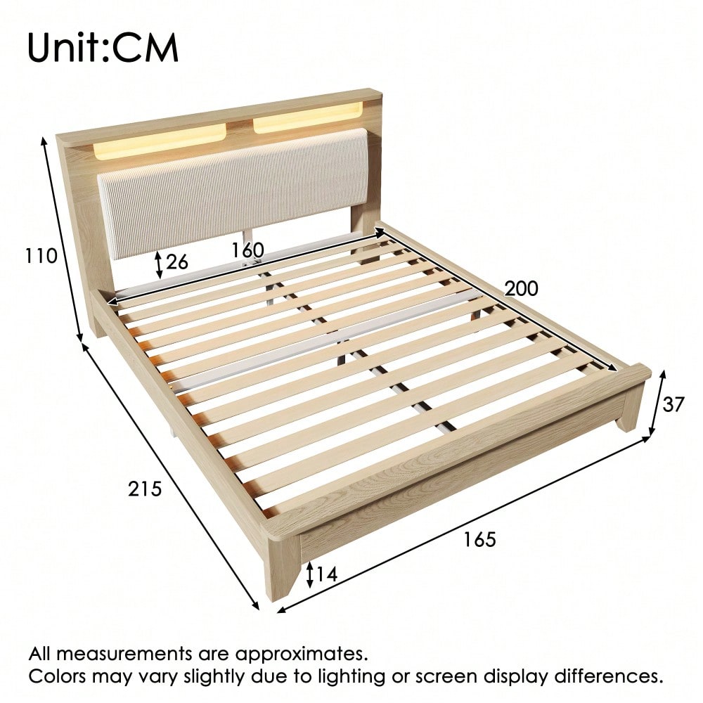 Doppelbett 160x200 cm aus Massivholz mit LED-Beleuchtung & Staukopfteil | Inkl. Matratze & beiger Cordpolster-Rückenlehne | Bettgestell in hell Eiche, ohne Bettbank