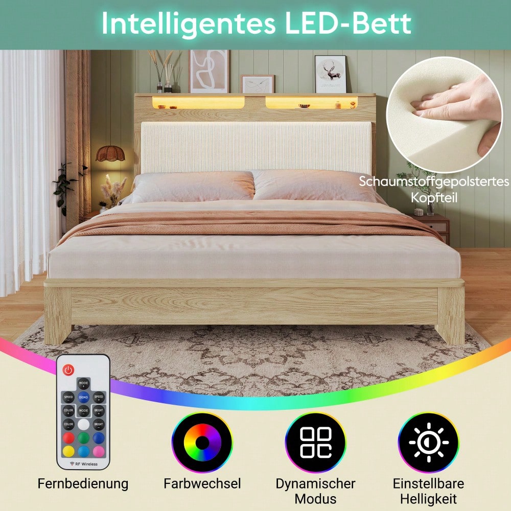 Doppelbett 160x200 cm aus Massivholz mit LED-Beleuchtung & Staukopfteil | Inkl. Matratze & beiger Cordpolster-Rückenlehne | Bettgestell in hell Eiche, ohne Bettbank