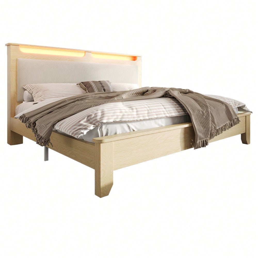 Doppelbett 160x200 cm aus Massivholz mit LED-Beleuchtung & Staukopfteil | Inkl. Matratze & beiger Cordpolster-Rückenlehne | Bettgestell in hell Eiche, ohne Bettbank