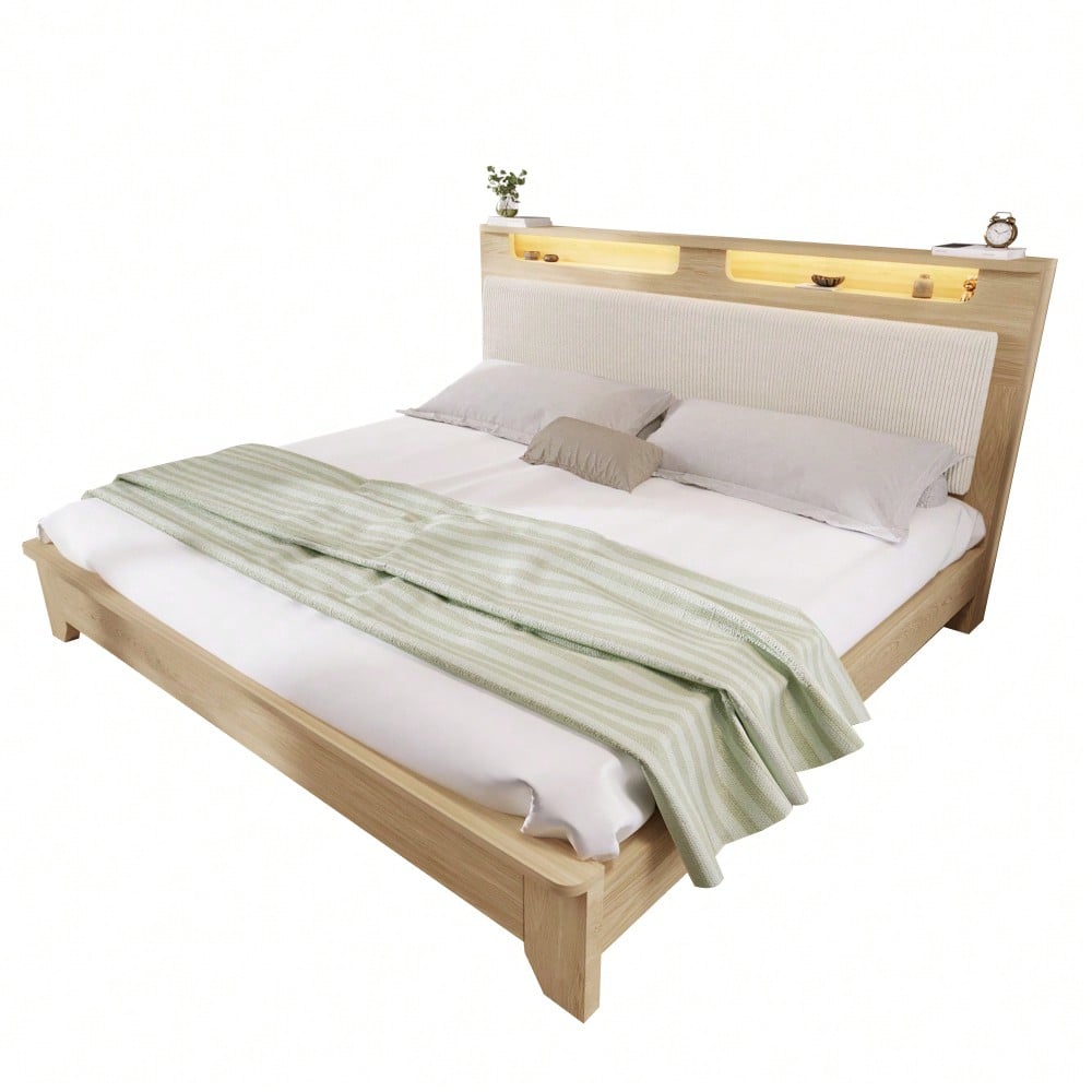 Doppelbett 160x200 cm aus Massivholz mit LED-Beleuchtung & Staukopfteil | Inkl. Matratze & beiger Cordpolster-Rückenlehne | Bettgestell in hell Eiche, ohne Bettbank