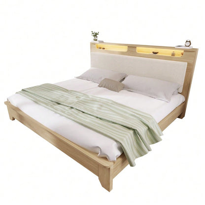 Doppelbett 160x200 cm aus Massivholz mit LED-Beleuchtung & Staukopfteil | Inkl. Matratze & beiger Cordpolster-Rückenlehne | Bettgestell in hell Eiche, ohne Bettbank