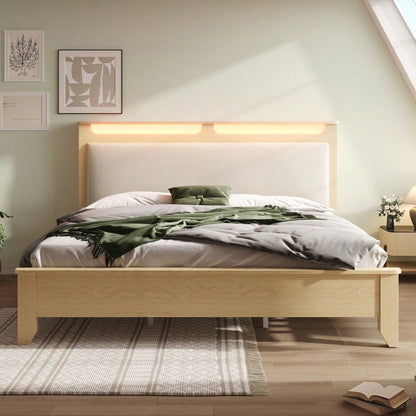 Doppelbett 160x200 cm aus Massivholz mit LED-Beleuchtung & Staukopfteil | Inkl. Matratze & beiger Cordpolster-Rückenlehne | Bettgestell in hell Eiche, ohne Bettbank