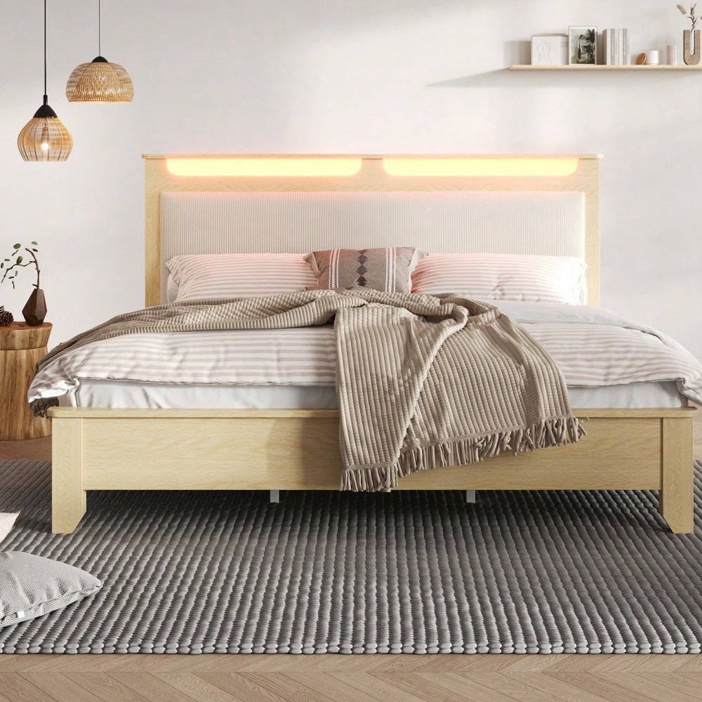 Doppelbett 160x200 cm aus Massivholz mit LED-Beleuchtung & Staukopfteil | Inkl. Matratze & beiger Cordpolster-Rückenlehne | Bettgestell in hell Eiche, ohne Bettbank