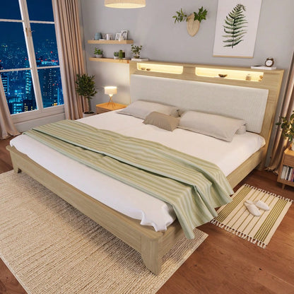 Doppelbett 160x200 cm aus Massivholz mit LED-Beleuchtung & Staukopfteil | Inkl. Matratze & beiger Cordpolster-Rückenlehne | Bettgestell in hell Eiche, ohne Bettbank