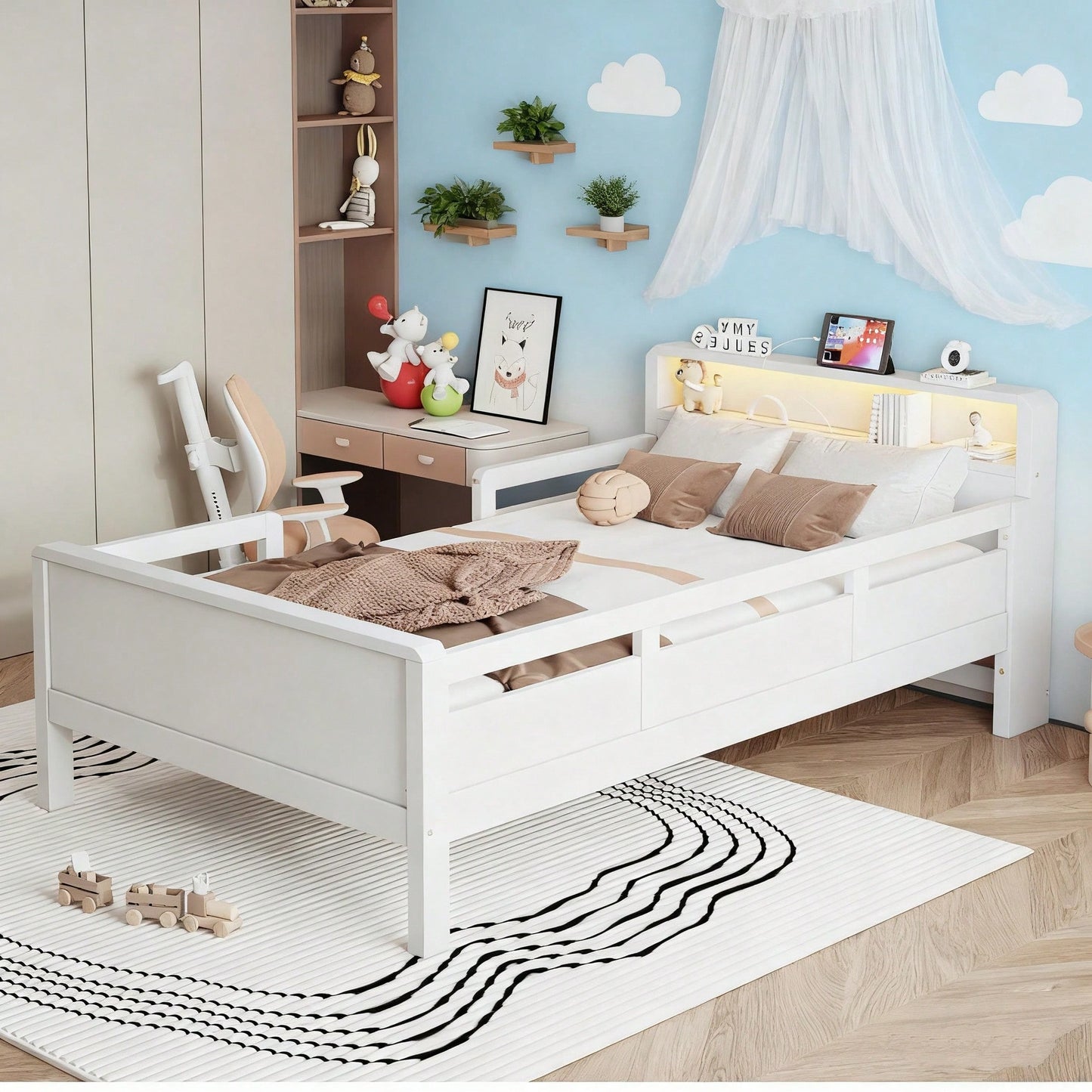 Kinderbett 90x200 cm mit USB/Type-C-Anschlüssen & LED-Beleuchtung | Multifunktions-Kopfteil mit Ablagefläche | Massivholz-Kiefer in Weiß