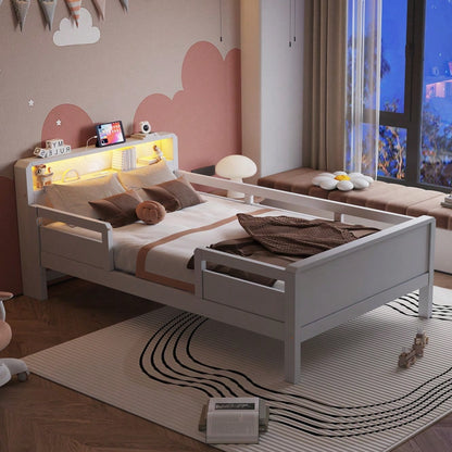 Kinderbett 90x200 cm mit USB/Type-C-Anschlüssen & LED-Beleuchtung | Multifunktions-Kopfteil mit Ablagefläche | Massivholz-Kiefer in Weiß