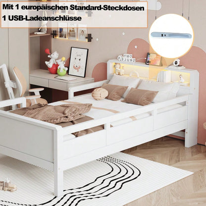 Kinderbett 90x200 cm mit USB/Type-C-Anschlüssen & LED-Beleuchtung | Multifunktions-Kopfteil mit Ablagefläche | Massivholz-Kiefer in Weiß