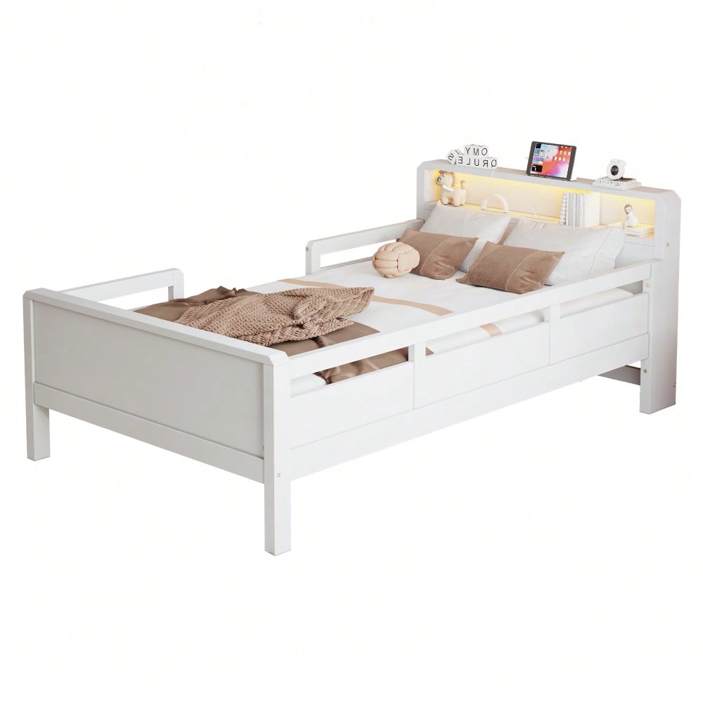 Kinderbett 90x200 cm mit USB/Type-C-Anschlüssen & LED-Beleuchtung | Multifunktions-Kopfteil mit Ablagefläche | Massivholz-Kiefer in Weiß