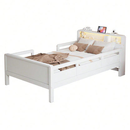 Kinderbett 90x200 cm mit USB/Type-C-Anschlüssen & LED-Beleuchtung | Multifunktions-Kopfteil mit Ablagefläche | Massivholz-Kiefer in Weiß