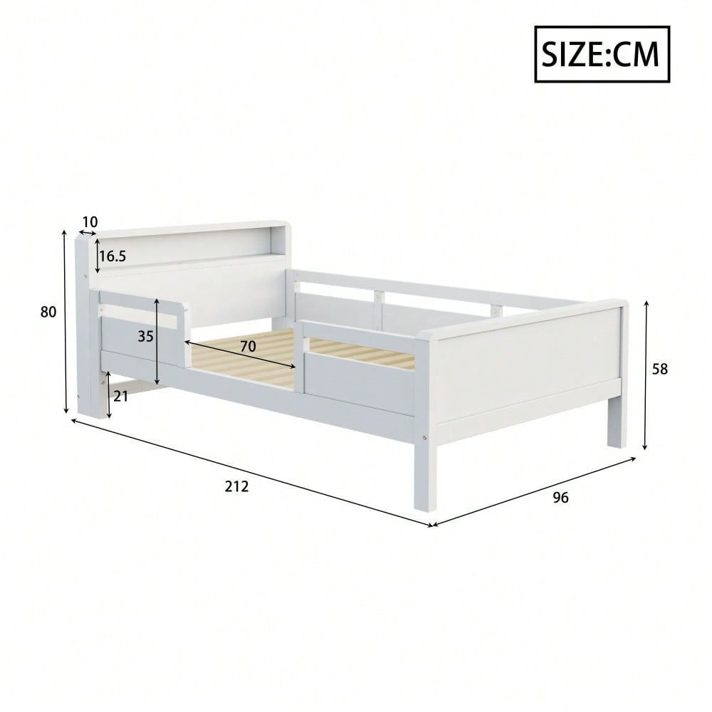 Kinderbett 90x200 cm mit USB/Type-C-Anschlüssen & LED-Beleuchtung | Multifunktions-Kopfteil mit Ablagefläche | Massivholz-Kiefer in Weiß
