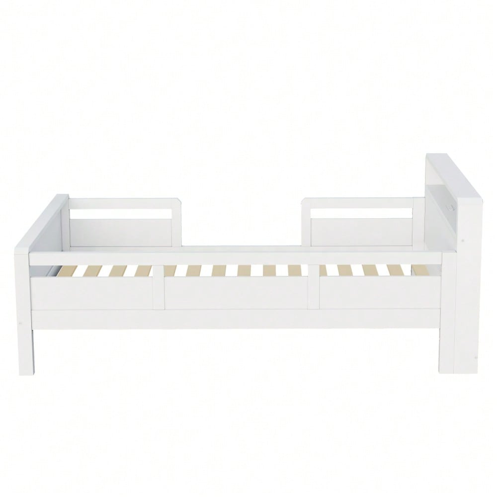 Kinderbett 90x200 cm mit USB/Type-C-Anschlüssen & LED-Beleuchtung | Multifunktions-Kopfteil mit Ablagefläche | Massivholz-Kiefer in Weiß