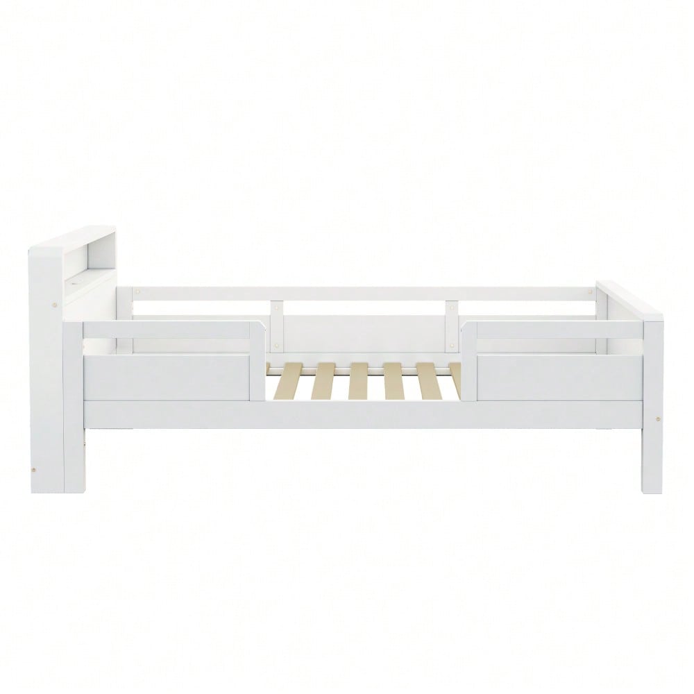 Kinderbett 90x200 cm mit USB/Type-C-Anschlüssen & LED-Beleuchtung | Multifunktions-Kopfteil mit Ablagefläche | Massivholz-Kiefer in Weiß