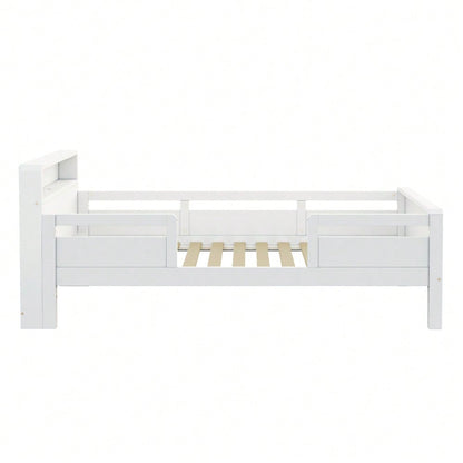 Kinderbett 90x200 cm mit USB/Type-C-Anschlüssen & LED-Beleuchtung | Multifunktions-Kopfteil mit Ablagefläche | Massivholz-Kiefer in Weiß