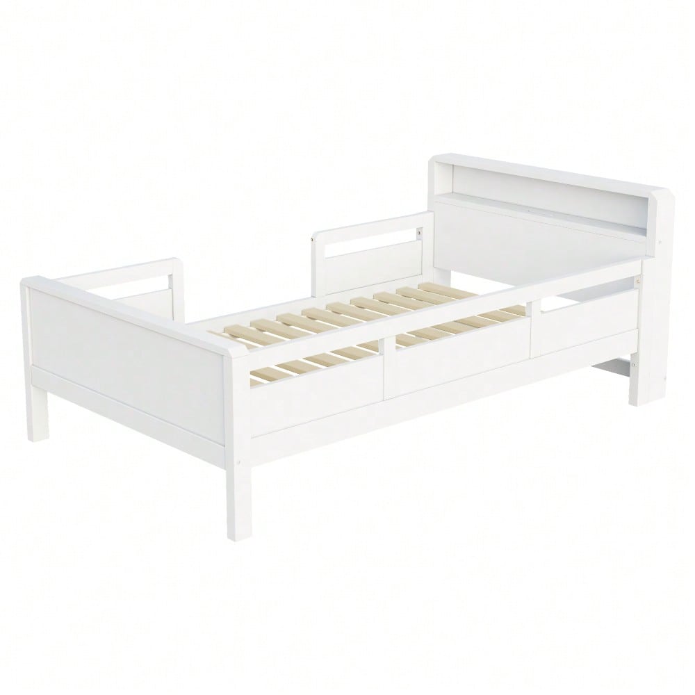 Kinderbett 90x200 cm mit USB/Type-C-Anschlüssen & LED-Beleuchtung | Multifunktions-Kopfteil mit Ablagefläche | Massivholz-Kiefer in Weiß