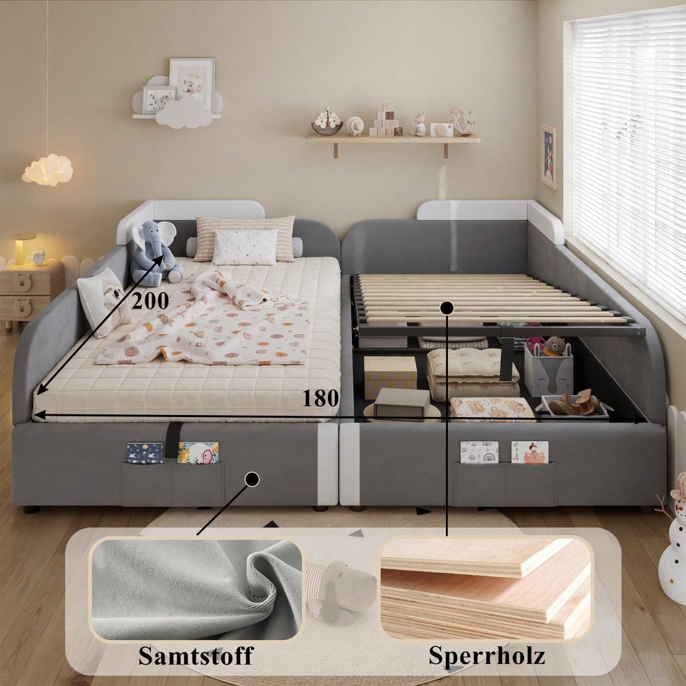 Kinder-Etagenbett 90x200 cm mit hydraulischem Stauraum & Samtbezug | Erhöhter Sicherheitszaun & Aufbewahrungstasche | 2-tlg. Set in Grau, Massivholz