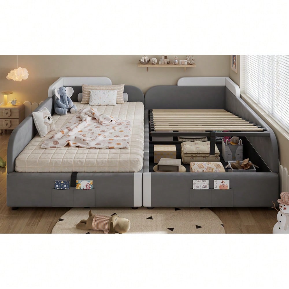 Kinder-Etagenbett 90x200 cm mit hydraulischem Stauraum & Samtbezug | Erhöhter Sicherheitszaun & Aufbewahrungstasche | 2-tlg. Set in Grau, Massivholz
