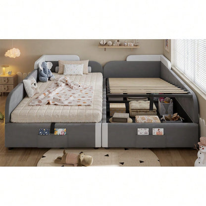 Kinder-Etagenbett 90x200 cm mit hydraulischem Stauraum & Samtbezug | Erhöhter Sicherheitszaun & Aufbewahrungstasche | 2-tlg. Set in Grau, Massivholz