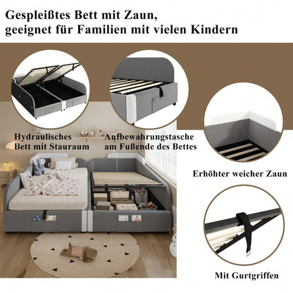 Kinder-Etagenbett 90x200 cm mit hydraulischem Stauraum & Samtbezug | Erhöhter Sicherheitszaun & Aufbewahrungstasche | 2-tlg. Set in Grau, Massivholz