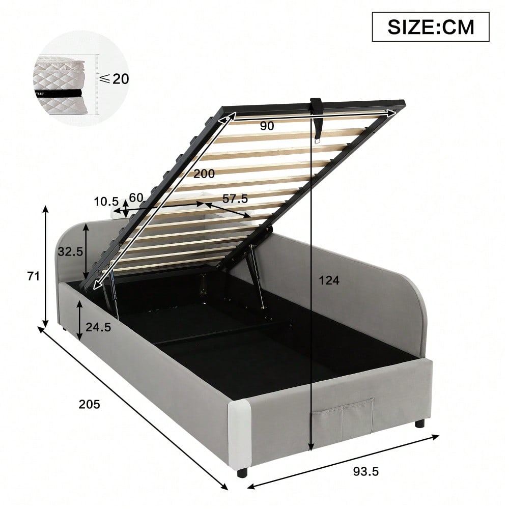 Kinder-Etagenbett 90x200 cm mit hydraulischem Stauraum & Samtbezug | Erhöhter Sicherheitszaun & Aufbewahrungstasche | 2-tlg. Set in Grau, Massivholz