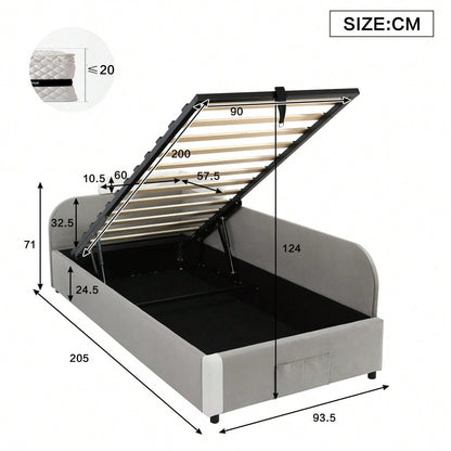 Kinder-Etagenbett 90x200 cm mit hydraulischem Stauraum & Samtbezug | Erhöhter Sicherheitszaun & Aufbewahrungstasche | 2-tlg. Set in Grau, Massivholz