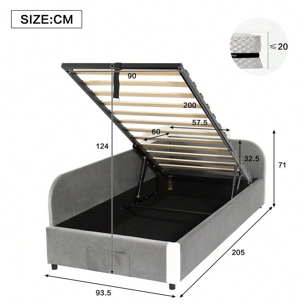 Kinder-Etagenbett 90x200 cm mit hydraulischem Stauraum & Samtbezug | Erhöhter Sicherheitszaun & Aufbewahrungstasche | 2-tlg. Set in Grau, Massivholz