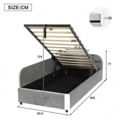 Kinder-Etagenbett 90x200 cm mit hydraulischem Stauraum & Samtbezug | Erhöhter Sicherheitszaun & Aufbewahrungstasche | 2-tlg. Set in Grau, Massivholz