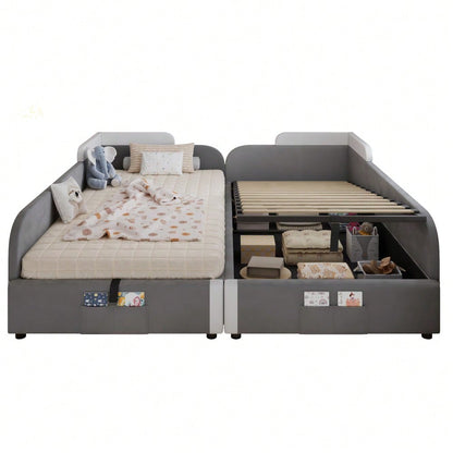 Kinder-Etagenbett 90x200 cm mit hydraulischem Stauraum & Samtbezug | Erhöhter Sicherheitszaun & Aufbewahrungstasche | 2-tlg. Set in Grau, Massivholz