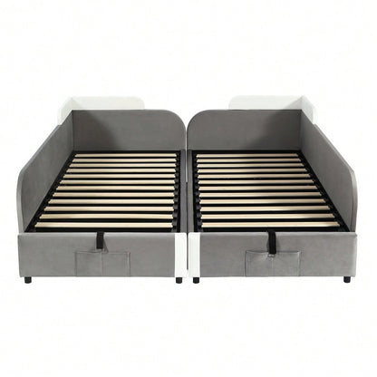Kinder-Etagenbett 90x200 cm mit hydraulischem Stauraum & Samtbezug | Erhöhter Sicherheitszaun & Aufbewahrungstasche | 2-tlg. Set in Grau, Massivholz