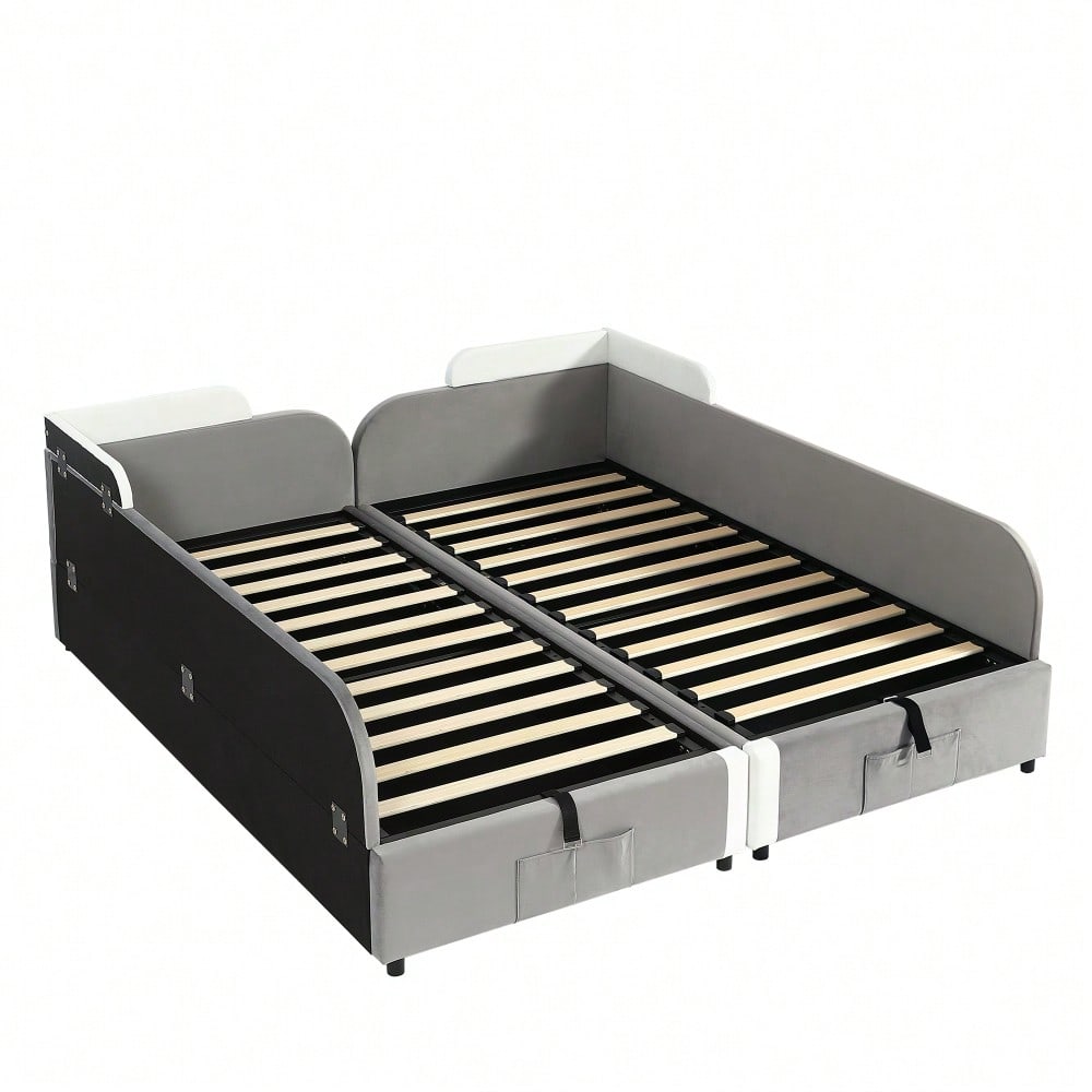 Kinder-Etagenbett 90x200 cm mit hydraulischem Stauraum & Samtbezug | Erhöhter Sicherheitszaun & Aufbewahrungstasche | 2-tlg. Set in Grau, Massivholz