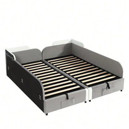 Kinder-Etagenbett 90x200 cm mit hydraulischem Stauraum & Samtbezug | Erhöhter Sicherheitszaun & Aufbewahrungstasche | 2-tlg. Set in Grau, Massivholz