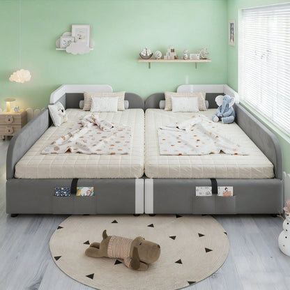 Kinder-Etagenbett 90x200 cm mit hydraulischem Stauraum & Samtbezug | Erhöhter Sicherheitszaun & Aufbewahrungstasche | 2-tlg. Set in Grau, Massivholz