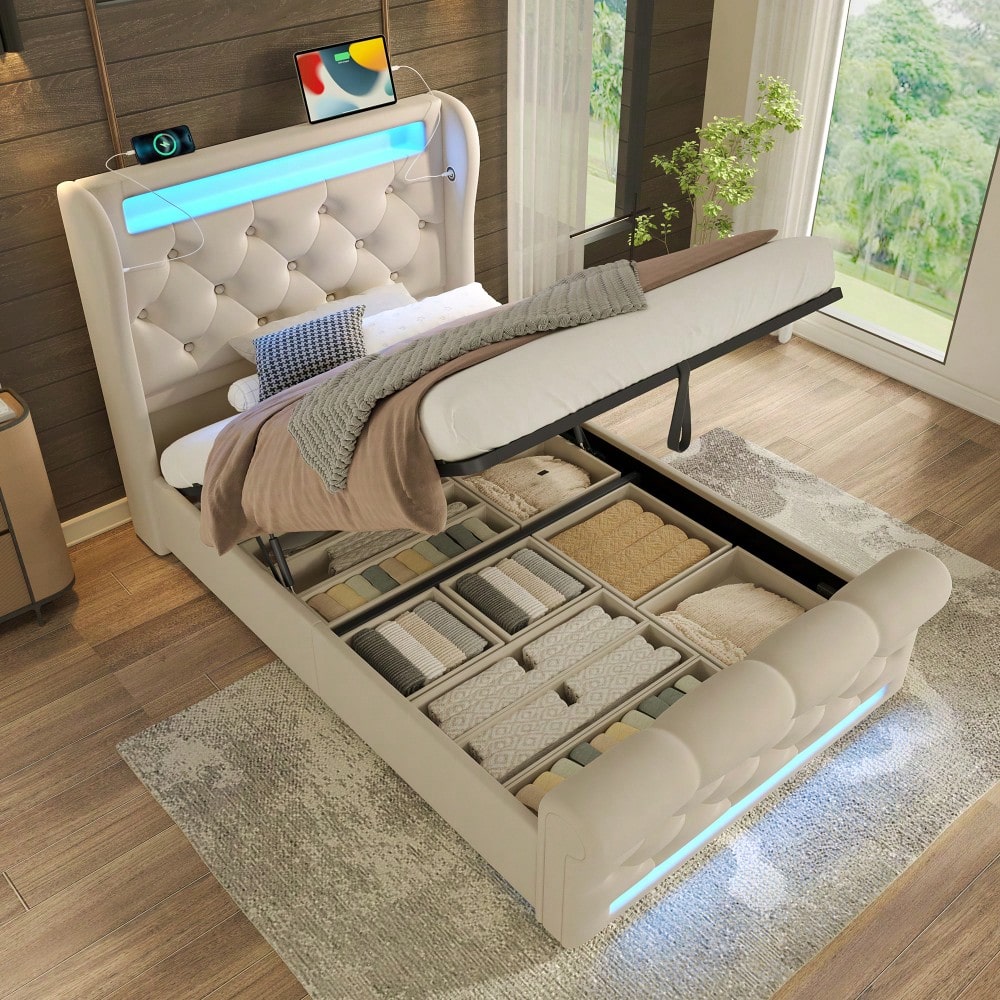 Polsterbett 90x200 cm mit USB/Type-C-Anschlüssen & LED-Beleuchtung | Hydraulisches Stauraum-Kopfteil & Samtbezug | Einzelbett in Beige, ohne Matratze