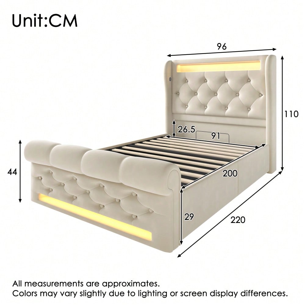 Polsterbett 90x200 cm mit USB/Type-C-Anschlüssen & LED-Beleuchtung | Hydraulisches Stauraum-Kopfteil & Samtbezug | Einzelbett in Beige, ohne Matratze