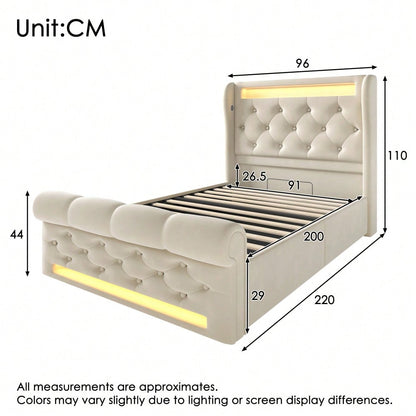 Polsterbett 90x200 cm mit USB/Type-C-Anschlüssen & LED-Beleuchtung | Hydraulisches Stauraum-Kopfteil & Samtbezug | Einzelbett in Beige, ohne Matratze