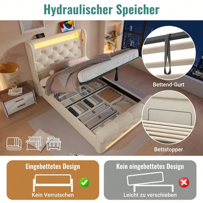 Polsterbett 90x200 cm mit USB/Type-C-Anschlüssen & LED-Beleuchtung | Hydraulisches Stauraum-Kopfteil & Samtbezug | Einzelbett in Beige, ohne Matratze