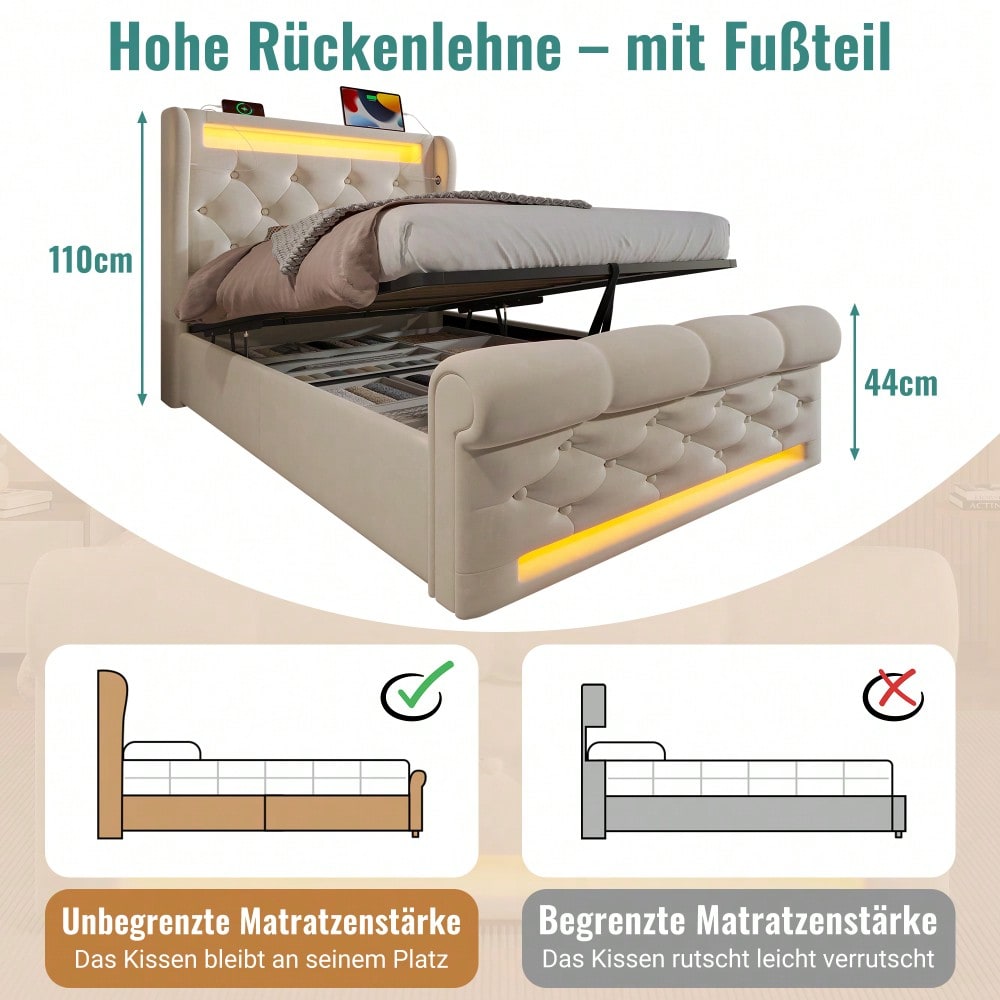Polsterbett 90x200 cm mit USB/Type-C-Anschlüssen & LED-Beleuchtung | Hydraulisches Stauraum-Kopfteil & Samtbezug | Einzelbett in Beige, ohne Matratze
