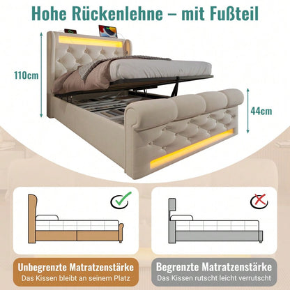 Polsterbett 90x200 cm mit USB/Type-C-Anschlüssen & LED-Beleuchtung | Hydraulisches Stauraum-Kopfteil & Samtbezug | Einzelbett in Beige, ohne Matratze