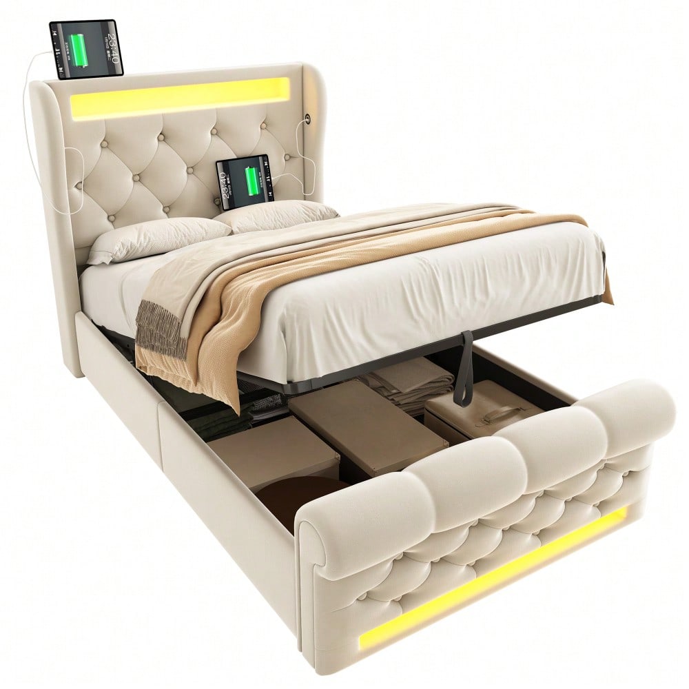 Polsterbett 90x200 cm mit USB/Type-C-Anschlüssen & LED-Beleuchtung | Hydraulisches Stauraum-Kopfteil & Samtbezug | Einzelbett in Beige, ohne Matratze