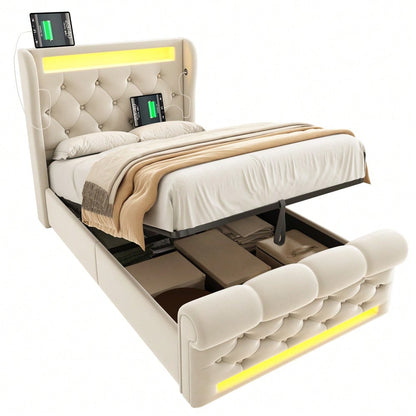 Polsterbett 90x200 cm mit USB/Type-C-Anschlüssen & LED-Beleuchtung | Hydraulisches Stauraum-Kopfteil & Samtbezug | Einzelbett in Beige, ohne Matratze