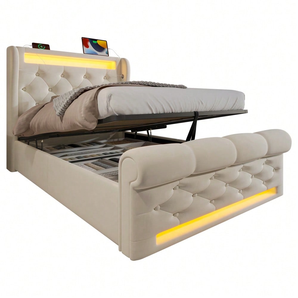 Polsterbett 90x200 cm mit USB/Type-C-Anschlüssen & LED-Beleuchtung | Hydraulisches Stauraum-Kopfteil & Samtbezug | Einzelbett in Beige, ohne Matratze