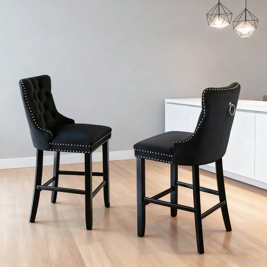 2er-Set Samt Barhocker mit Knopfsteppung & Holzbeinen | Chrom-Nagelkopfeinsätze & höhenverstellbar | Moderne Barhocker für Küche, Wohnzimmer in Schwarz | DE2002BK