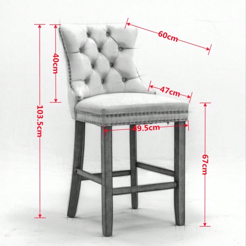 2er-Set Samt Barhocker mit Knopfsteppung & Holzbeinen | Chrom-Nagelkopf-Akzente & Polsterung | Höhenverstellbare Barhocker für Küche, Wohnzimmer in Grau | DE2002GY