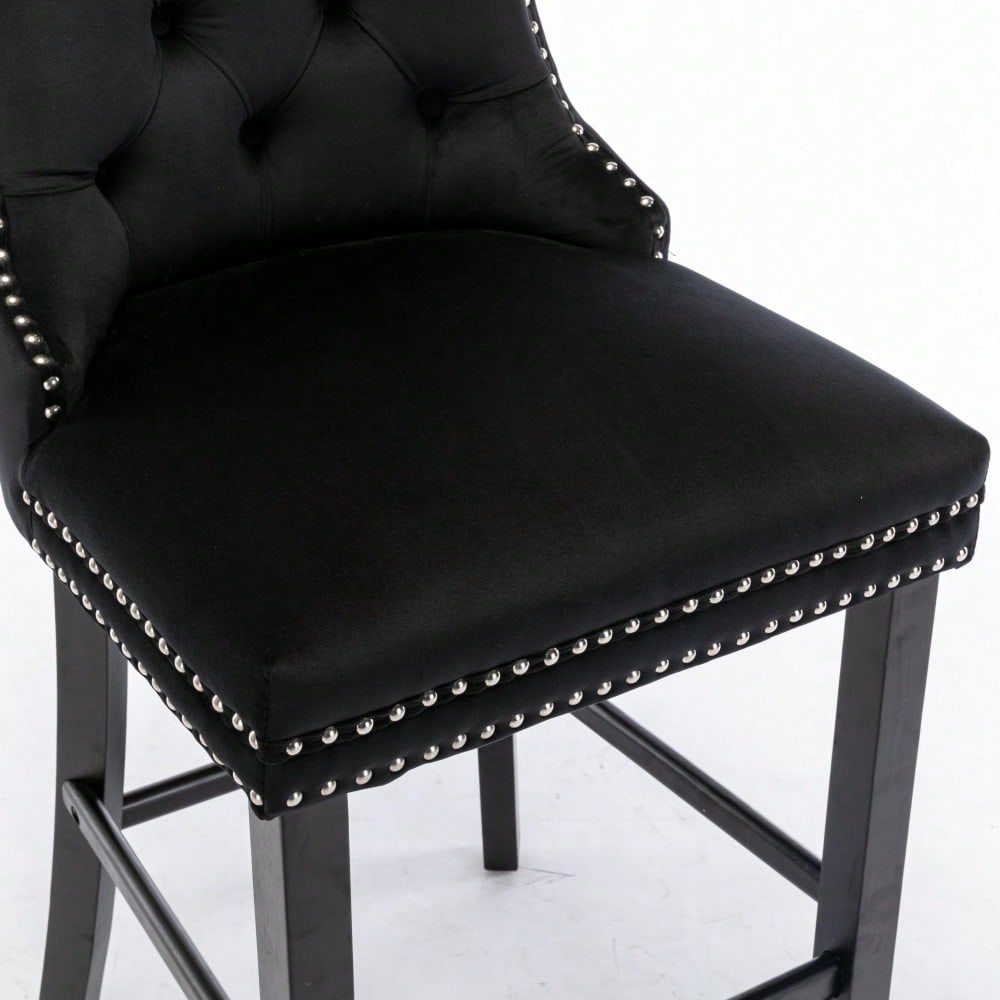 2er-Set Samt Barhocker mit Knopfsteppung & Holzbeinen | Chrom-Nagelkopfeinsätze & höhenverstellbar | Moderne Barhocker für Küche, Wohnzimmer in Schwarz | DE2002BK