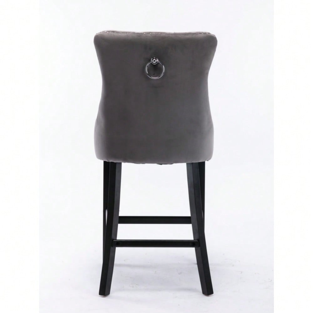 2er-Set Samt Barhocker mit Knopfsteppung & Holzbeinen | Chrom-Nagelkopf-Akzente & Polsterung | Höhenverstellbare Barhocker für Küche, Wohnzimmer in Grau | DE2002GY