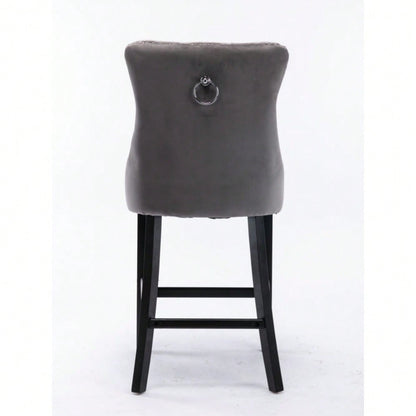 2er-Set Samt Barhocker mit Knopfsteppung & Holzbeinen | Chrom-Nagelkopf-Akzente & Polsterung | Höhenverstellbare Barhocker für Küche, Wohnzimmer in Grau | DE2002GY