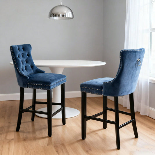 2er-Set Samt Barhocker mit Knopfsteppung & Holzbeinen | Chrom-Nagelkopfeinsätze & höhenverstellbar | Moderne Barhocker für Wohnzimmer, Küche in Blau | DE2002BL