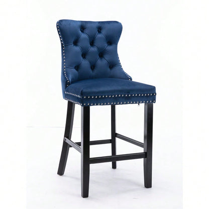 2er-Set Samt Barhocker mit Knopfsteppung & Holzbeinen | Chrom-Nagelkopfeinsätze & höhenverstellbar | Moderne Barhocker für Wohnzimmer, Küche in Blau | DE2002BL