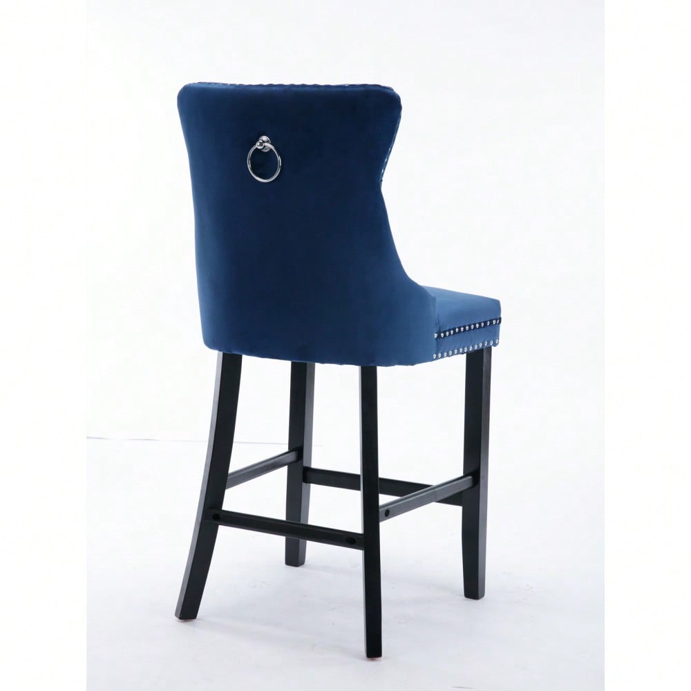 2er-Set Samt Barhocker mit Knopfsteppung & Holzbeinen | Chrom-Nagelkopfeinsätze & höhenverstellbar | Moderne Barhocker für Wohnzimmer, Küche in Blau | DE2002BL